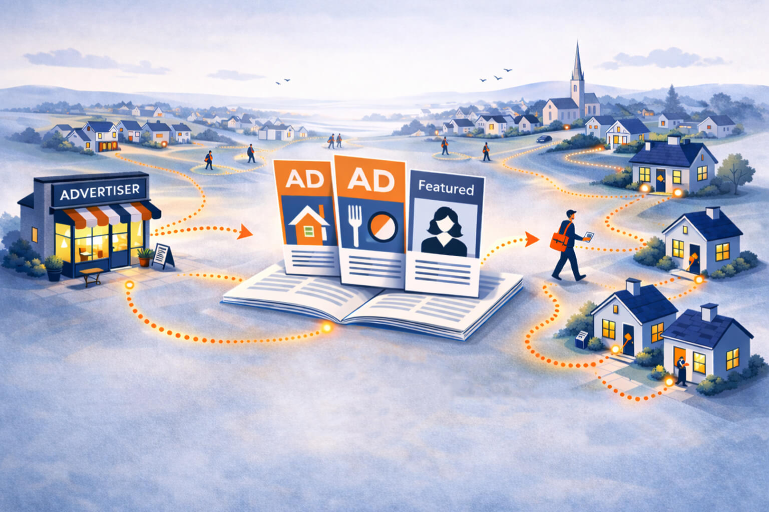 Illustration showing the distribution workflow from advertiser to households via magazines and leaflets